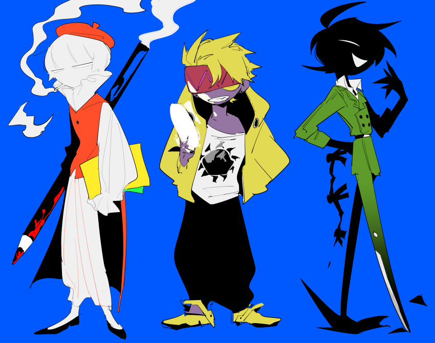 3boys ^_^ absurdres ahoge apios1 arm_behind_back baggy_pants bangs belt beret black_footwear black_hair black_nails black_pants black_skin blonde_hair blue_background bob_cut buttons cape cigarette closed_eyes coat collared_shirt colored_pencils_(paper_mario) colored_sclera colored_skin commentary_request constricted_pupils earrings frilled_shirt frilled_shirt_collar frilled_sleeves frills full_body green_coat green_pants half-closed_eyes hand_up happy hat headband high_collar highres holding holding_paper holding_pencil hole_punch_(paper_mario) hood hoodie jacket jewelry long_sleeves looking_at_viewer looking_to_the_side male_focus super_mario_bros. mouth_hold multiple_boys nail_polish one_eye_covered open_clothes open_jacket open_mouth oversized_object pants paper paper_chain paper_mario pencil personification purple_skin red_cape red_eyes red_headband red_headwear red_vest sandals scissors_(paper_mario) sharp_teeth shirt shoes short_hair simple_background sketch smile smoke smoking standing stud_earrings teeth vest white_pants white_shirt yellow_eyes yellow_footwear yellow_hoodie yellow_jacket yellow_sclera