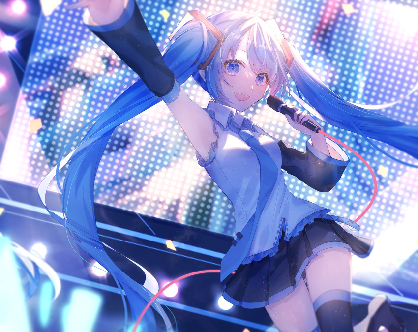 1girl :d arm_up armpits bangs black_footwear black_skirt blue_hair blue_neckwear boots breasts cable collared_shirt detached_sleeves dutch_angle hatsune_miku highres holding holding_microphone leg_up long_hair long_sleeves looking_at_viewer microphone miniskirt necktie open_mouth pleated_skirt shiromi shirt skirt smile solo stage thigh-highs thigh_boots thigh_gap twintails very_long_hair violet_eyes vocaloid white_shirt