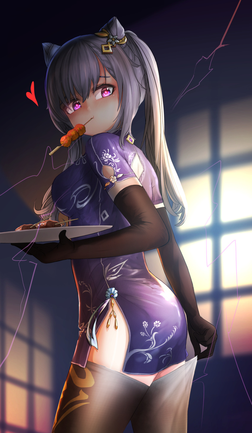 1girl absurdres bangs black_gloves black_legwear blurry braid carrying china_dress chinese_clothes commentary_request depth_of_field double_bun dress eating elbow_gloves eyebrows_visible_through_hair from_behind genshin_impact gloves hair_between_eyes hair_ornament heart highres keqing_(genshin_impact) long_hair looking_at_viewer looking_back mouth_hold plate purple_dress purple_hair sidelocks single_braid skewer solo stpen thigh-highs twintails violet_eyes vision_(genshin_impact) window