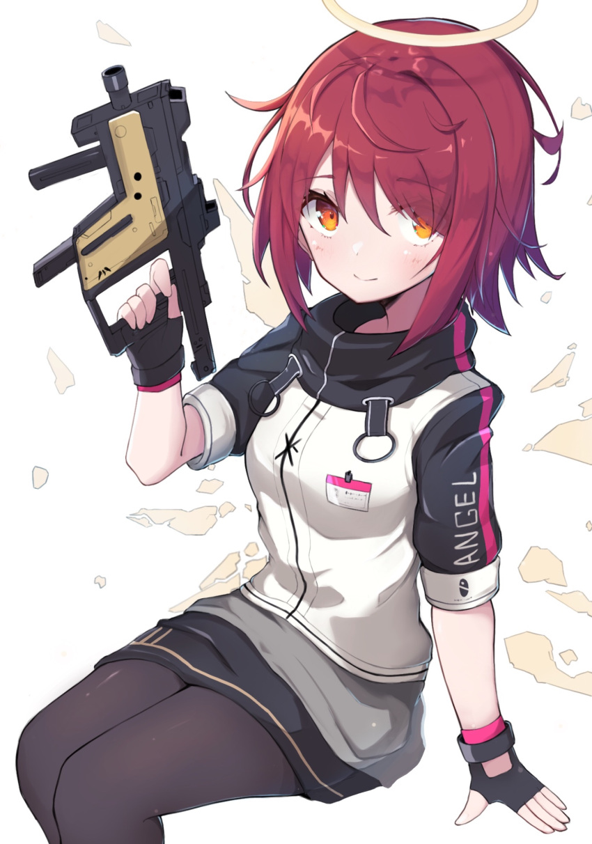 1girl arknights black_gloves breasts closed_mouth commentary_request detached_wings exusiai_(arknights) feet_out_of_frame fingerless_gloves gloves gun hair_between_eyes hair_over_one_eye halo highres holding holding_gun holding_weapon id_card jacket kriss_vector long_sleeves looking_at_viewer matchadzuke medium_breasts partial_commentary red_eyes redhead short_hair simple_background sitting smile solo submachine_gun weapon white_background white_jacket wings