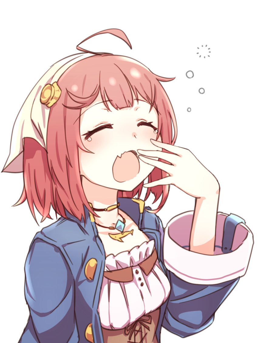 1girl ahoge atelier_(series) atelier_sophie bangs blue_coat blush coat eyebrows_visible_through_hair fang head_scarf highres jewelry long_sleeves namaata necklace open_mouth redhead short_hair simple_background skin_fang solo sophie_neuenmuller tears upper_body white_background wide_sleeves yawning