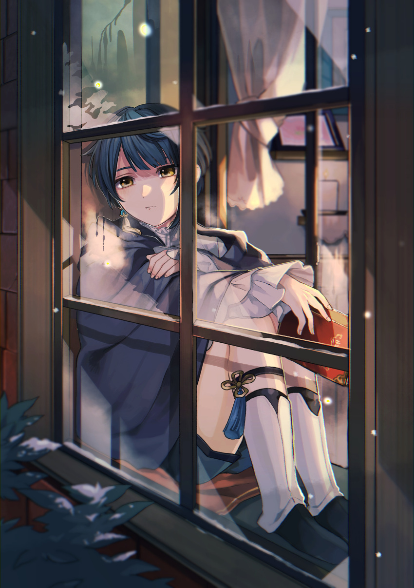 1boy absurdres bangs blue_hair boots closed_mouth condensation curtains earrings frilled_sleeves frills from_outside genshin_impact highres holding jewelry knee_boots long_sleeves male_focus nakura_hakuto shorts single_earring sitting snow snowing solo tassel white_footwear window xingqiu_(genshin_impact) yellow_eyes