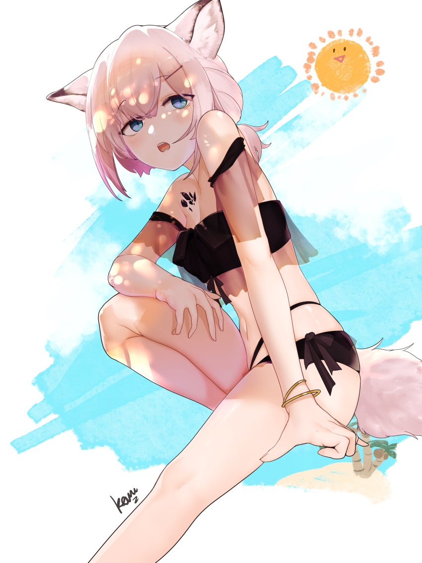 1girl absurdres animal_ears arknights bikini black_bikini blue_eyes blush bracelet brown_hair commentary eyebrows_visible_through_hair foot_out_of_frame fox_ears fox_girl fox_tail highres jewelry knee_up looking_at_viewer navel off-shoulder_bikini off_shoulder official_alternate_costume open_mouth scdz2344 short_hair short_twintails solo stomach sun sussurro_(arknights) sussurro_(summer_flowers)_(arknights) swimsuit tail twintails