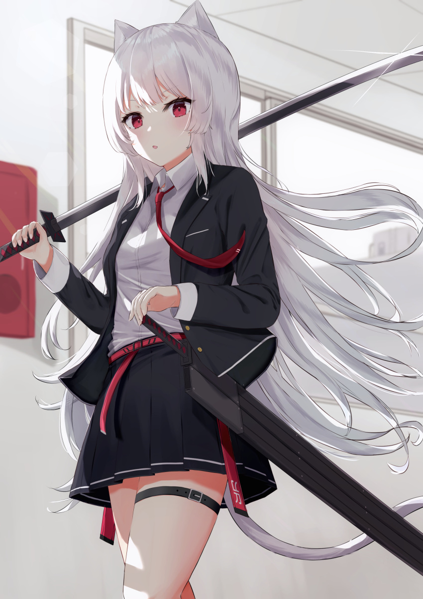 1girl :o absurdres animal_ears bangs belt blazer bow cat_ears cat_tail commentary_request eyebrows_visible_through_hair feet_out_of_frame grey_hair highres holding holding_sword holding_weapon jacket katana legs light_blush long_hair looking_at_viewer original red_belt red_bow red_eyes school_uniform shirt sidelocks skirt solo sword tail tanshio thigh-highs thigh_strap thighs wavy_hair weapon white_hair white_shirt zettai_ryouiki