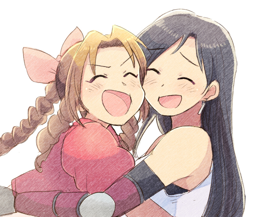 2girls aerith_gainsborough bangs black_hair bracer braid braided_ponytail brown_hair cheek-to-cheek closed_eyes colored_pencil_(medium) commentary_request cropped_jacket drill_hair drill_locks earrings elbow_pads final_fantasy final_fantasy_vii hair_ribbon heads_together hug jacket jewelry laughing long_hair multiple_girls open_mouth parted_bangs pink_ribbon puffy_short_sleeves puffy_sleeves red_jacket ribbon shirt short_sleeves simple_background single_braid smile straight_hair swept_bangs tifa_lockhart traditional_media tsubobot white_background white_shirt yuri