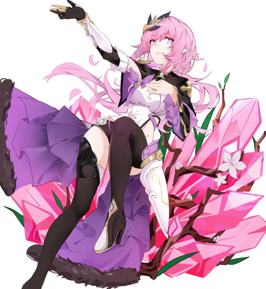 1girl absurdres bangs black_footwear black_gloves boots crystal elysia_(honkai_impact) flower full_body gloves grin hair_between_eyes hair_ornament highres honkai_(series) honkai_impact_3rd huge_filesize kirschma long_hair long_sleeves looking_at_viewer open_mouth pink_eyes pink_flower pink_hair pointy_ears ponytail simple_background single_glove smile solo thigh-highs thigh_boots white_background