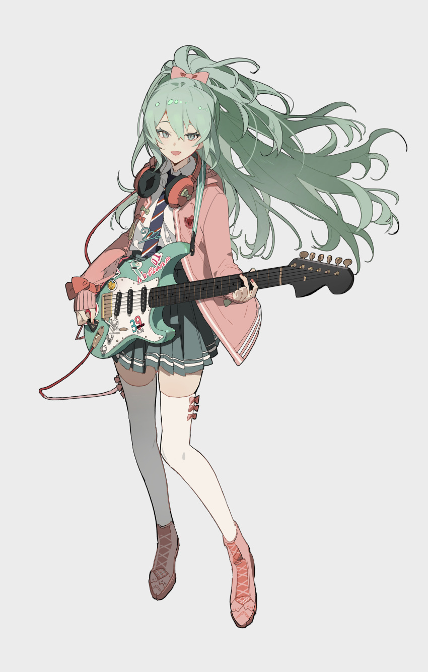 1girl absurdres aqua_eyes bangs blue_skirt blush bow fingernails grey_background guitar hair_bow happy hatsune_miku headphones headphones_around_neck highres holding holding_instrument instrument light_blush long_hair long_sleeves looking_at_viewer nail_polish open_mouth pink_coat pink_footwear pink_nails ponytail shirt simple_background skirt sleeves_past_wrists smile solo_focus standing striped striped_skirt vocaloid white_legwear white_shirt zhibuji_loom