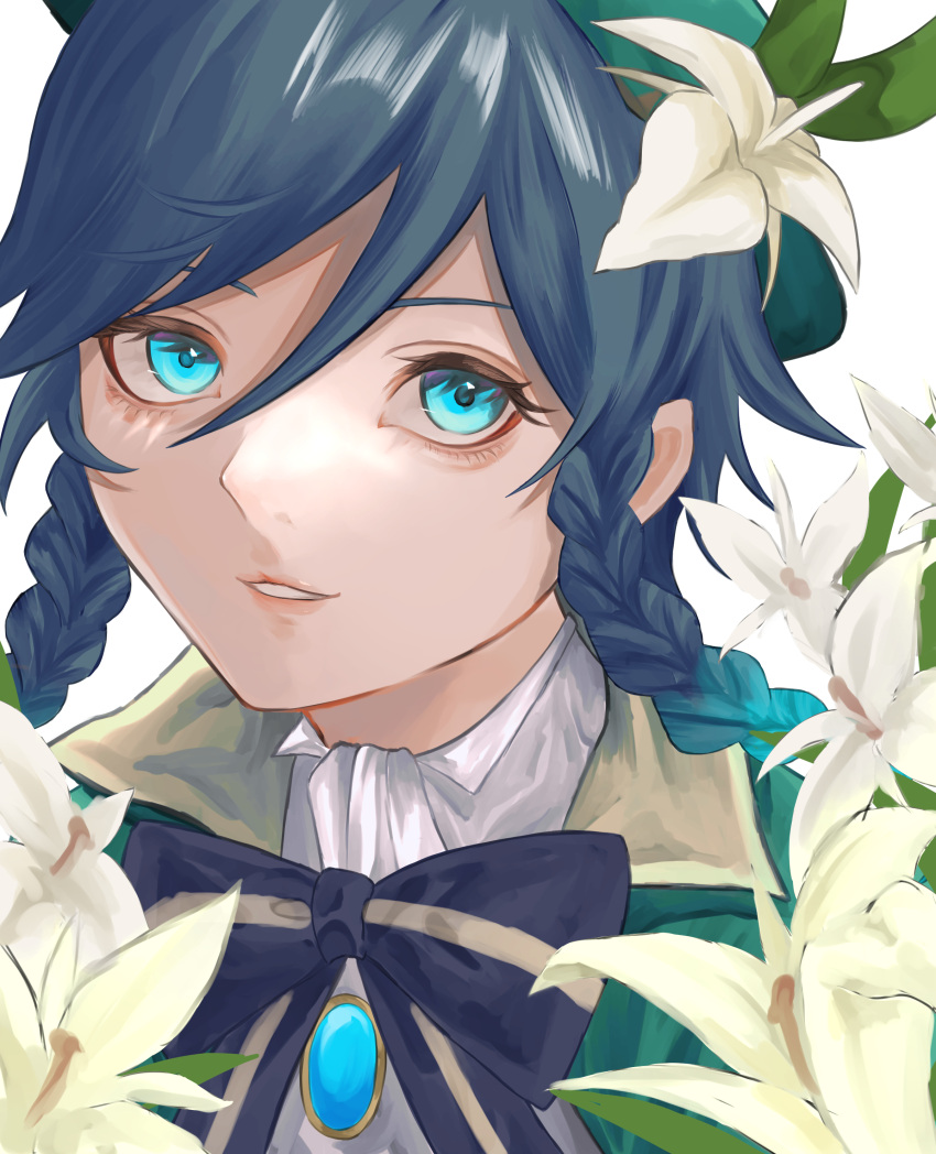 1boy absurdres androgynous bangs beret black_hair blue_hair bow braid brooch cape collared_cape collared_shirt commentary_request flower gem genshin_impact gradient_hair green_eyes green_headwear hat hat_flower highres jewelry kurokou0616 leaf looking_at_viewer male_focus multicolored_hair open_mouth shirt short_hair_with_long_locks sidelocks simple_background smile solo twin_braids venti_(genshin_impact) white_background white_flower white_shirt