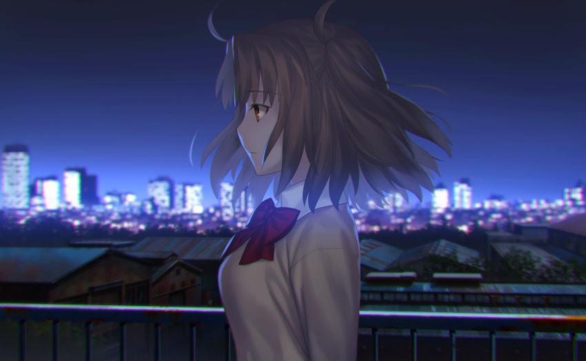 1girl absurdres bangs blurry blurry_background bow bowtie breasts brown_eyes brown_hair city cityscape closed_mouth collared_shirt expressionless eyebrows_visible_through_hair from_side game_cg guard_rail highres long_sleeves looking_afar looking_ahead medium_breasts medium_hair night night_sky official_art on_roof outdoors profile railing red_neckwear rooftop shirt sidelocks sky skyline solo standing sweater takeuchi_takashi tsukihime tsukihime_(remake) two_side_up upper_body wind wing_collar yellow_sweater yumizuka_satsuki