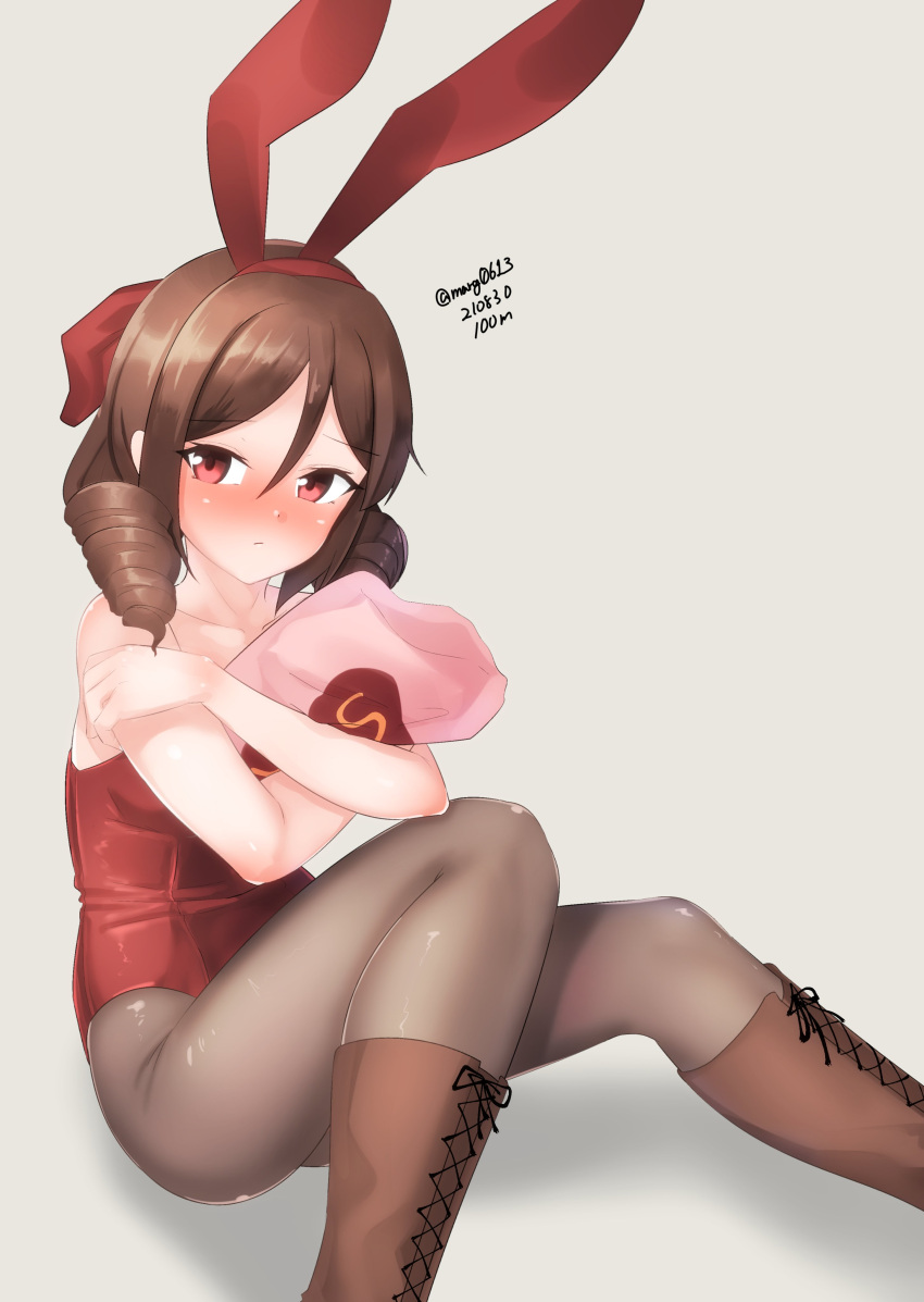 1girl absurdres animal_ears boots bow brown_footwear brown_hair brown_legwear cross-laced_footwear drill_hair fake_animal_ears feet_out_of_frame grey_background hair_bow harukaze_(kancolle) highres kantai_collection lace-up_boots leotard long_hair looking_at_viewer maru_(marg0613) one-hour_drawing_challenge pantyhose pillow pillow_hug playboy_bunny rabbit_ears red_bow red_eyes red_leotard simple_background sitting solo strapless strapless_leotard twin_drills yes-no_pillow