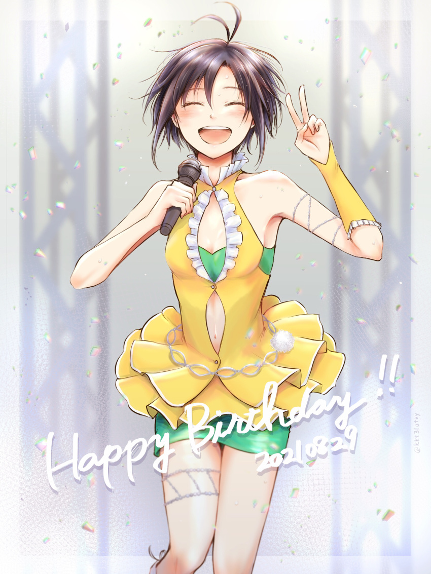 1girl ^_^ antenna_hair black_hair closed_eyes clothing_cutout dated dress happy_birthday highres holding holding_microphone idolmaster iso_(nh15mint) kikuchi_makoto microphone navel short_hair smile solo upper_teeth vital_sunflower_(idolmaster)