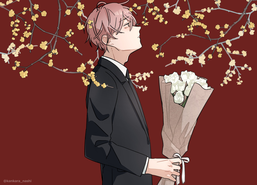 1boy absurdres black_jacket black_neckwear bouquet branch closed_mouth collared_shirt commentary_request eyebrows_visible_through_hair flower formal from_side highres holding holding_bouquet jacket kankara_nashi light_blush long_sleeves looking_away male_focus necktie original pink_hair profile red_background shirt short_hair simple_background solo suit suit_jacket upper_body white_flower white_shirt yellow_flower