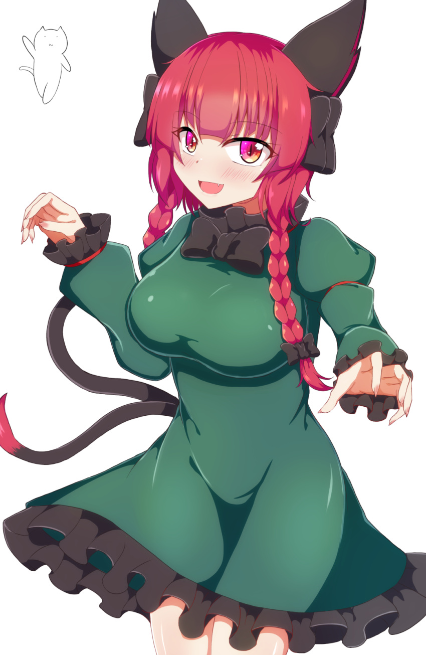 1girl animal_ears bangs black_bow bow braid breasts cat cat_ears cat_tail dress eyebrows_visible_through_hair fingernails frilled_dress frills green_dress hair_bow highres juliet_sleeves kaenbyou_rin large_breasts long_fingernails long_hair long_sleeves looking_at_viewer multiple_tails nekomata open_mouth puffy_sleeves red_eyes redhead seo_haruto side_braids simple_background smile standing tail touhou twin_braids two_tails white_background