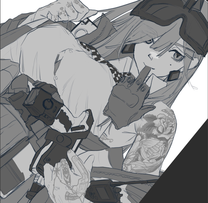 1girl armpits bare_shoulders breasts checkered checkered_neckwear collared_shirt dutch_angle earrings eyebrows_visible_through_hair eyes_visible_through_hair girls_frontline glove_in_mouth gloves goggles goggles_on_head greyscale hair_between_eyes highres jewelry large_breasts mole mole_under_eye monochrome mouth_hold shirt sig_mcx_(girls_frontline) sleeveless sleeveless_shirt solo taser tattoo undressing upper_body utsuda walkie-talkie white_background white_shirt