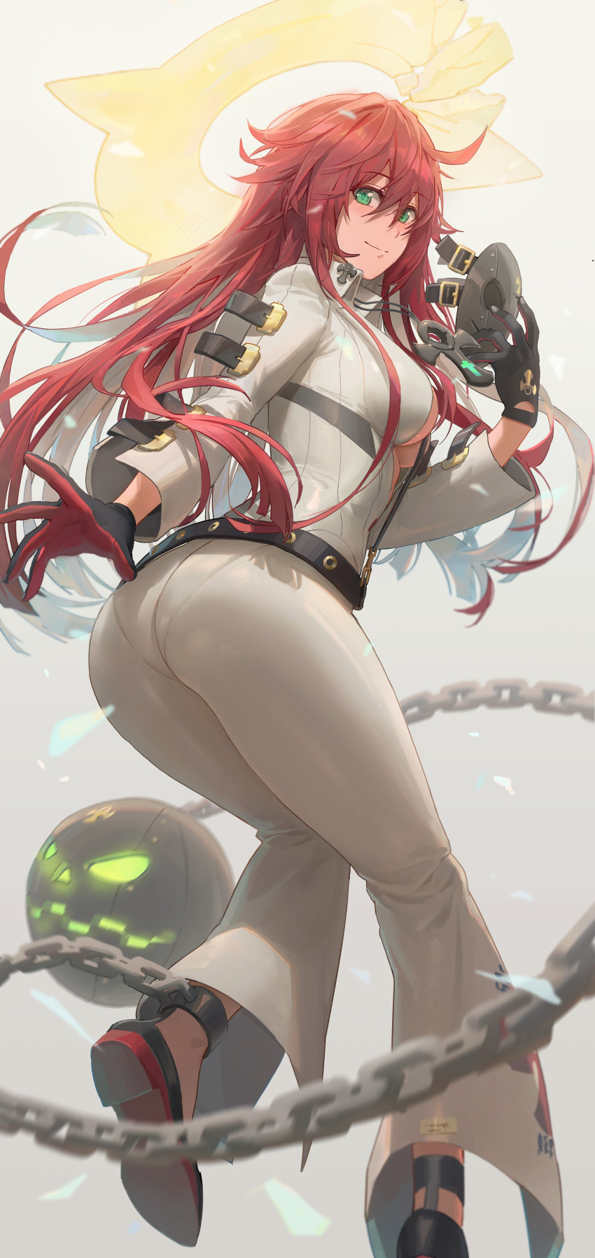 1girl absurdres ahoge ass ball_and_chain_restraint bangs black_gloves breasts buckle cleavage_cutout clothing_cutout collared_jacket cross cross_necklace feet free_style_(yohan1754) from_side gloves green_eyes guilty_gear hair_between_eyes halo highres holding holding_mask jack-o'_valentine jacket jewelry long_hair long_sleeves looking_at_viewer mask necklace pants red_gloves redhead solo very_long_hair white_jacket white_pants yohan1754