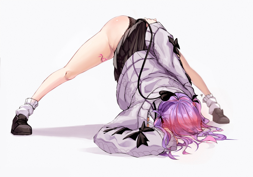 1girl 2ndeminence absurdres ass black_panties black_ribbon black_skirt blush demon_tail flexible full_body hair_ribbon highres hololive jack-o'_challenge lace-trimmed_panties lace_trim long_hair long_sleeves meme panties purple_hair ribbon simple_background skirt solo spread_legs tail thigh_tattoo tokoyami_towa top-down_bottom-up twintails underwear virtual_youtuber white_background white_legwear
