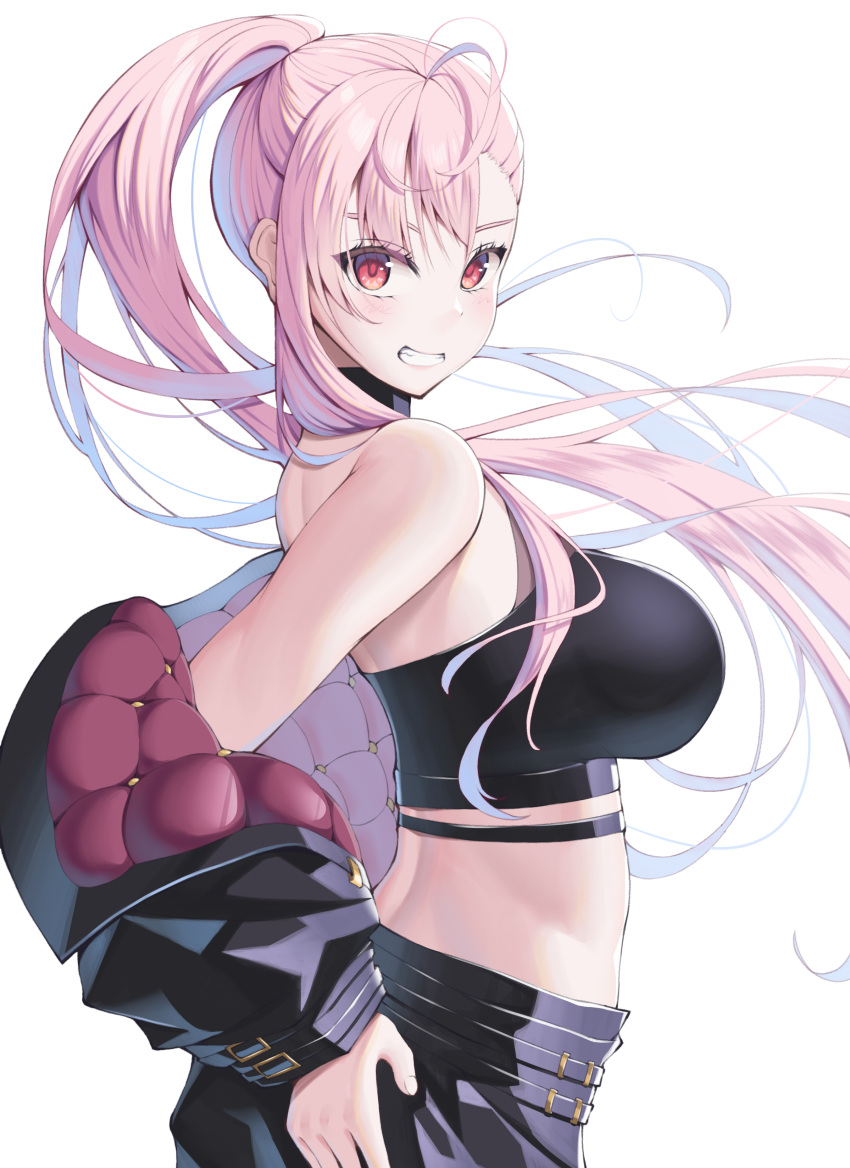 1girl absurdres bangs black_jacket blush breasts choker crop_top floating_hair grin highres himeliofon hololive hololive_english jacket long_hair looking_at_viewer midriff mori_calliope off_shoulder pink_hair red_eyes simple_background smile solo very_long_hair virtual_youtuber white_background