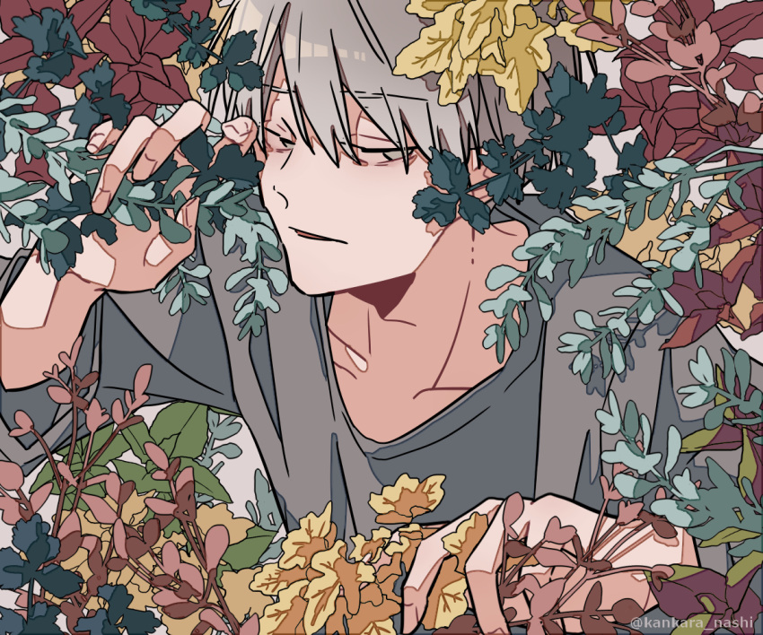 1boy collarbone commentary_request eyebrows_visible_through_hair flower grey_eyes grey_hair grey_shirt half-closed_eyes hand_up kankara_nashi leaf looking_at_viewer male_focus original parted_lips plant red_flower shirt short_hair sleeves_rolled_up solo twitter_username upper_body