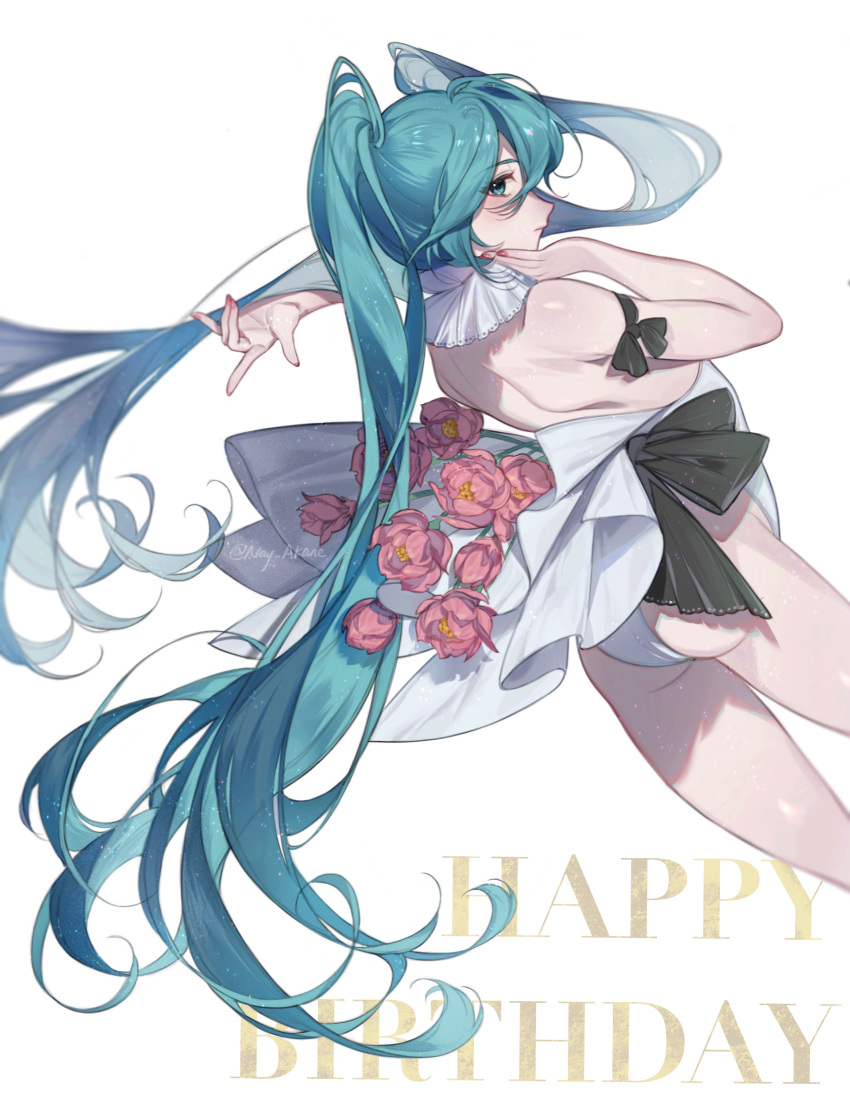 1girl absurdres aqua_eyes aqua_hair ass back bangs bare_shoulders closed_mouth commentary cowboy_shot dutch_angle eyebrows_visible_through_hair floating_hair flower from_behind hair_between_eyes hands_up happy_birthday hatsune_miku highres leotard long_hair looking_at_viewer looking_back nail_polish nay_akane pink_flower pink_nails simple_background solo symbol-only_commentary twintails twitter_username very_long_hair vocaloid white_background white_leotard