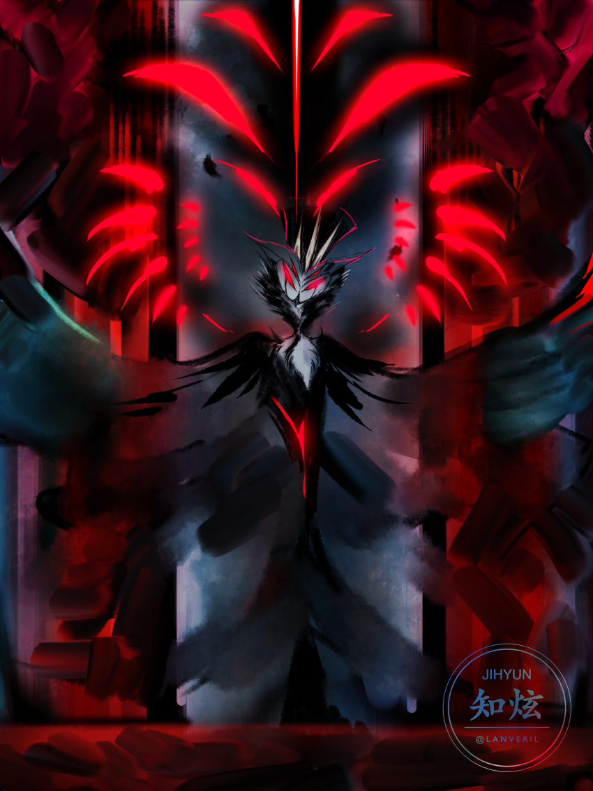 1boy absurdres beak bird blue_fur eldritch_abomination extra_eyes extra_teeth furry furry_male glowing glowing_eyes hat helluva_boss highres jihyun monster no_humans no_pupils open_mouth owl red_eyes shadow signature spoilers stolas_(helluva_boss) talons wings