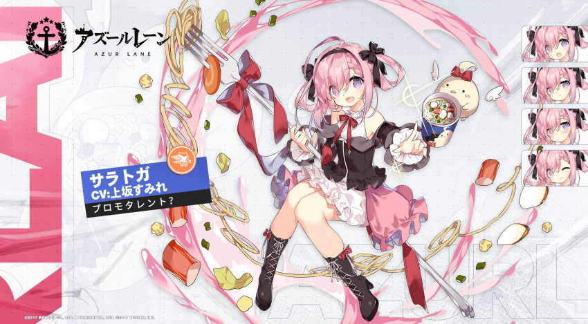ahoge azur_lane bare_shoulders boots brown_footwear commentary_request dress expressions food fork frilled_dress frills hair_ornament hair_ribbon hairband highres instant_ramen looking_at_viewer manjuu_(azur_lane) neck_ribbon noodles official_alternate_costume official_art open_mouth pink_dress pink_hair pointing pointing_at_viewer promotional_art ramen red_neckwear ribbon saratoga_(azur_lane) saru two_side_up violet_eyes