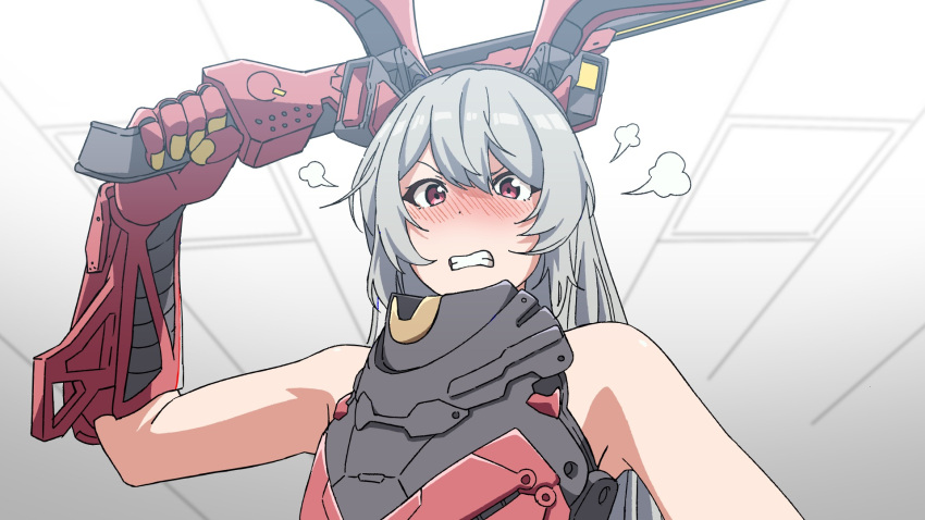 1girl bangs blade blush charolic_(girls_frontline_2) commission embarrassed girls_frontline_2:_exilium grey_hair grin highres long_hair pixiv_request red_eyes smile solo triangle_bullet very_long_hair