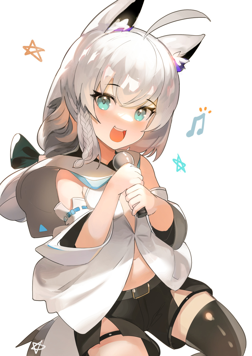1girl :d absurdres ahoge animal_ear_fluff animal_ears bangs beamed_eighth_notes belt belt_buckle black_belt black_legwear black_shorts blue_eyes braid buckle commentary_request detached_sleeves eyebrows_visible_through_hair fox_ears fox_girl fox_tail hair_between_eyes highres holding holding_microphone hololive hood hood_down janyhero long_hair long_sleeves looking_at_viewer microphone musical_note navel open_mouth shirakami_fubuki short_shorts shorts simple_background smile solo star_(symbol) tail thigh-highs virtual_youtuber white_background white_hair white_sleeves wide_sleeves
