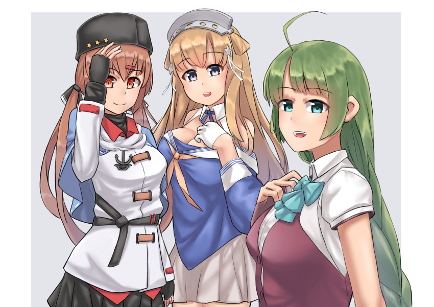 3girls absurdres ahoge anchor_necklace black_bow black_gloves black_headwear black_skirt blonde_hair blouse blue_shawl blue_shirt bow bowtie braid breasts brown_eyes brown_hair double_bun fingerless_gloves fletcher_(kancolle) garylin gloves green_hair hair_bow hair_ornament hairband highres jacket kantai_collection large_breasts long_hair long_sleeves low_twintails multiple_girls neckerchief off_shoulder papakha pleated_skirt red_shirt remodel_(kantai_collection) ribbon_trim sailor_collar scarf school_uniform serafuku shawl shirt short_sleeves single_braid skirt star_(symbol) star_hair_ornament tashkent_(kancolle) twintails untucked_shirt very_long_hair violet_eyes white_blouse white_gloves white_jacket white_sailor_collar white_scarf white_skirt yellow_neckwear yuugumo_(kancolle)