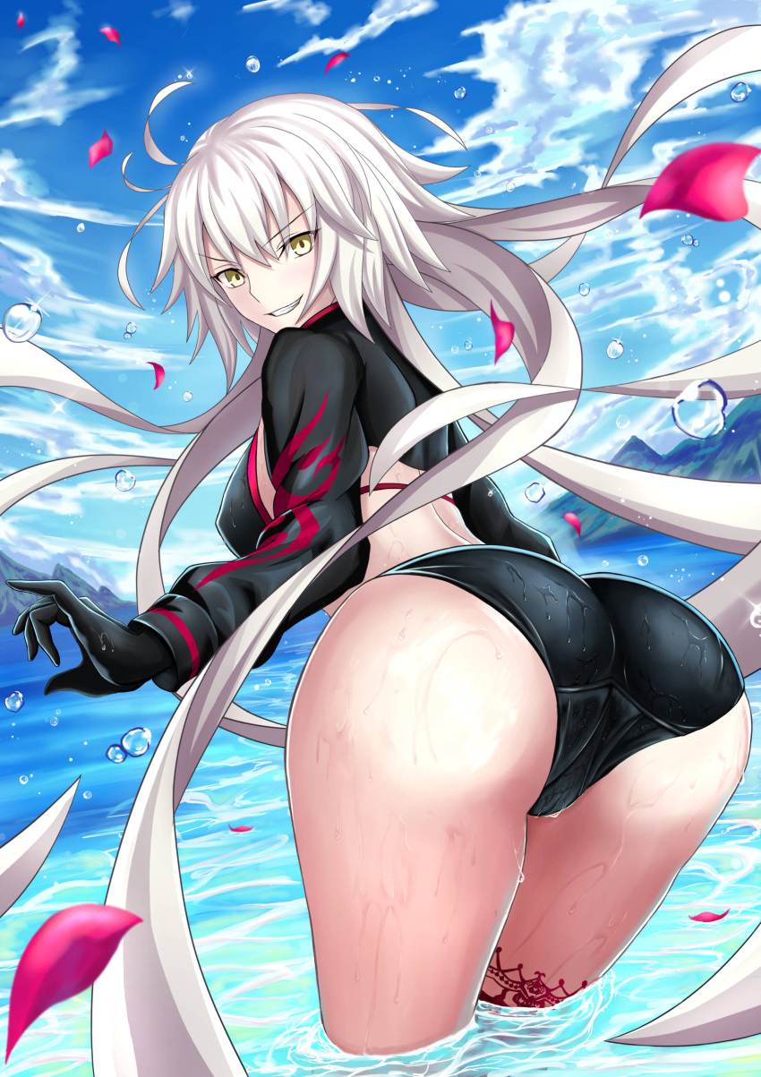 1girl absurdres ahoge ass back bent_over bikini black_gloves blue_sky clouds cloudy_sky commentary_request fate/grand_order fate_(series) gloves grin harukey highres jeanne_d'arc_(alter_swimsuit_berserker)_(fate) jeanne_d'arc_(fate)_(all) long_hair looking_at_viewer mountain mullet ocean outdoors petals sky smile swimsuit thick_thighs thigh-highs thighs very_long_hair water wet wet_clothes wet_swimsuit white_hair yellow_eyes