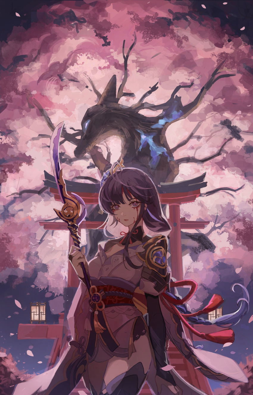 1girl absurdres armor bangs blood blood_on_face braid breasts bridal_gauntlets cherry_blossoms closed_mouth commentary english_commentary falling_petals floral_print flower genshin_impact hair_ornament highres holding holding_polearm holding_spear holding_weapon japanese_clothes kimono large_breasts long_hair long_sleeves looking_at_viewer mole mole_under_eye naginata obi obiage obijime petals polearm purple_flower purple_hair raiden_shogun ribbon sash shoulder_armor solo spear tassel thigh-highs torii tree violet_eyes weapon wide_sleeves zerotabi1210