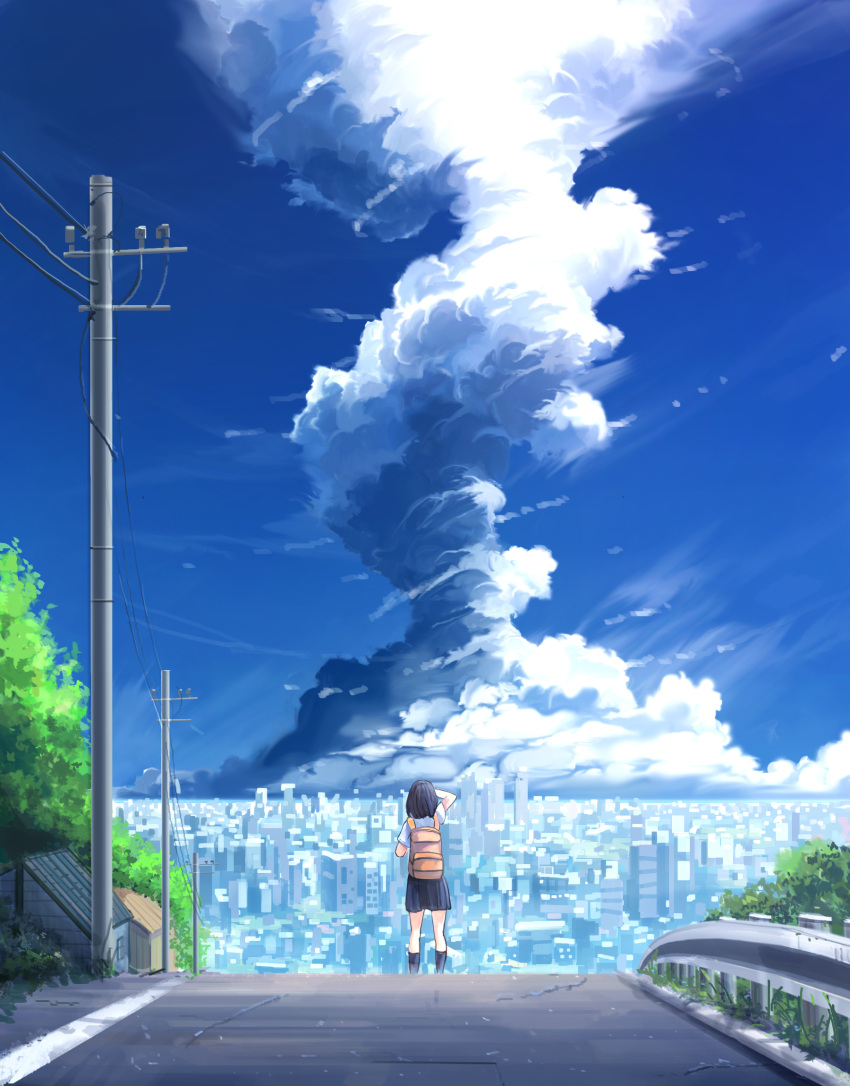1girl arm_up backpack bag black_hair black_legwear black_skirt blue_sky building city cityscape clouds commentary_request cumulonimbus_cloud day from_behind highres house original outdoors pleated_skirt power_lines railing road rooftop scenery shirt short_sleeves skirt sky skyscraper solo standing summer tree utility_pole white_shirt yomanika