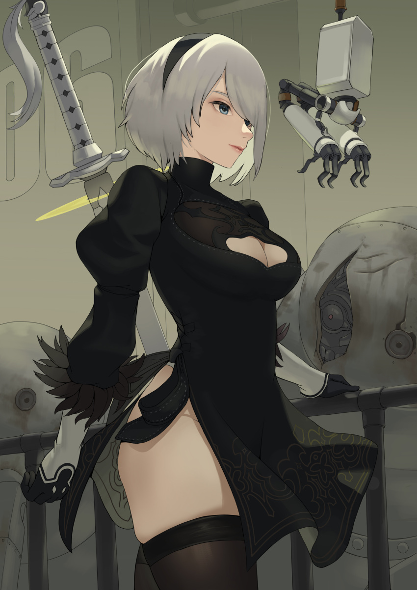 1girl absurdres android back_cutout black_blindfold black_dress black_hairband blindfold blue_eyes boots breasts cleavage_cutout clothing_cutout dress feather-trimmed_sleeves feather_trim gloves hairband hape high_heel_boots high_heels highleg highleg_leotard highres juliet_sleeves katana leotard long_sleeves medium_breasts mole mole_under_mouth nier_(series) nier_automata no_blindfold pod_(nier_automata) puffy_sleeves robot silver_hair skindentation solo_focus sword thigh-highs thigh_boots thighhighs_under_boots thong_leotard vambraces virtuous_contract weapon white_hair white_leotard yorha_no._2_type_b