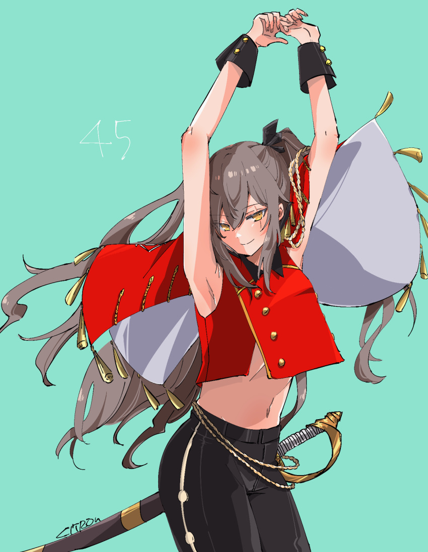 1girl armpits arms_up artist_name black_pants brown_hair character_name citron80citron commentary_request cowboy_shot girls_frontline green_background highres looking_at_viewer midriff navel official_alternate_costume one_side_up pants red_shirt saber_(weapon) scar scar_across_eye sheath sheathed shirt sidelocks sleeveless sleeveless_shirt smile solo sword ump45_(girls_frontline) weapon wrist_cuffs yellow_eyes