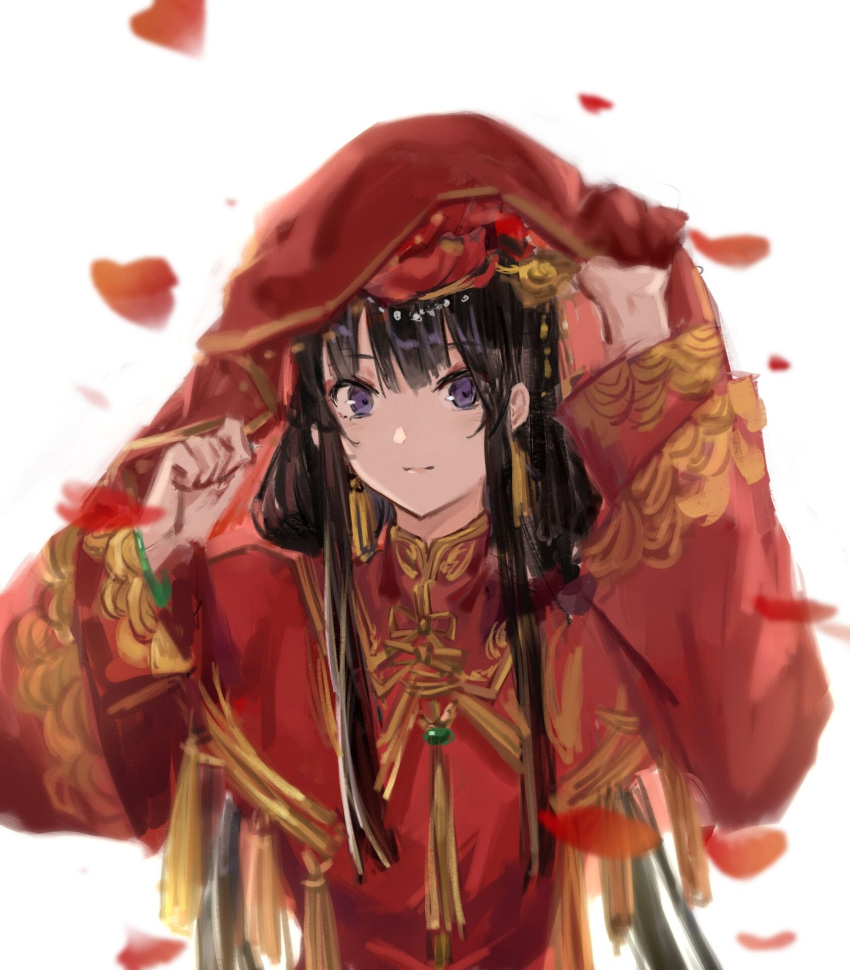 1girl black_hair china_dress chinese_clothes closed_mouth dress earrings eyebrows_visible_through_hair flower girls_frontline hair_flower hair_ornament highres hood_lift jewelry long_hair looking_at_viewer petals qiujiao solo type_81_carbine_(girls_frontline) violet_eyes white_background