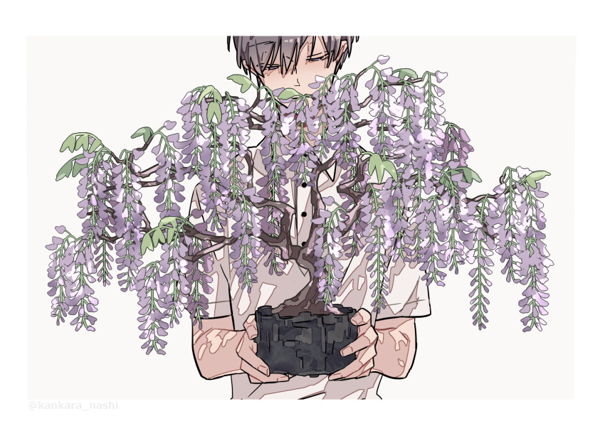 1boy bonsai border commentary_request covered_mouth eyebrows_visible_through_hair flower grey_background half-closed_eyes highres holding_plant kankara_nashi male_focus original plant potted_plant purple_flower shirt short_hair short_sleeves simple_background solo upper_body white_border white_shirt wisteria