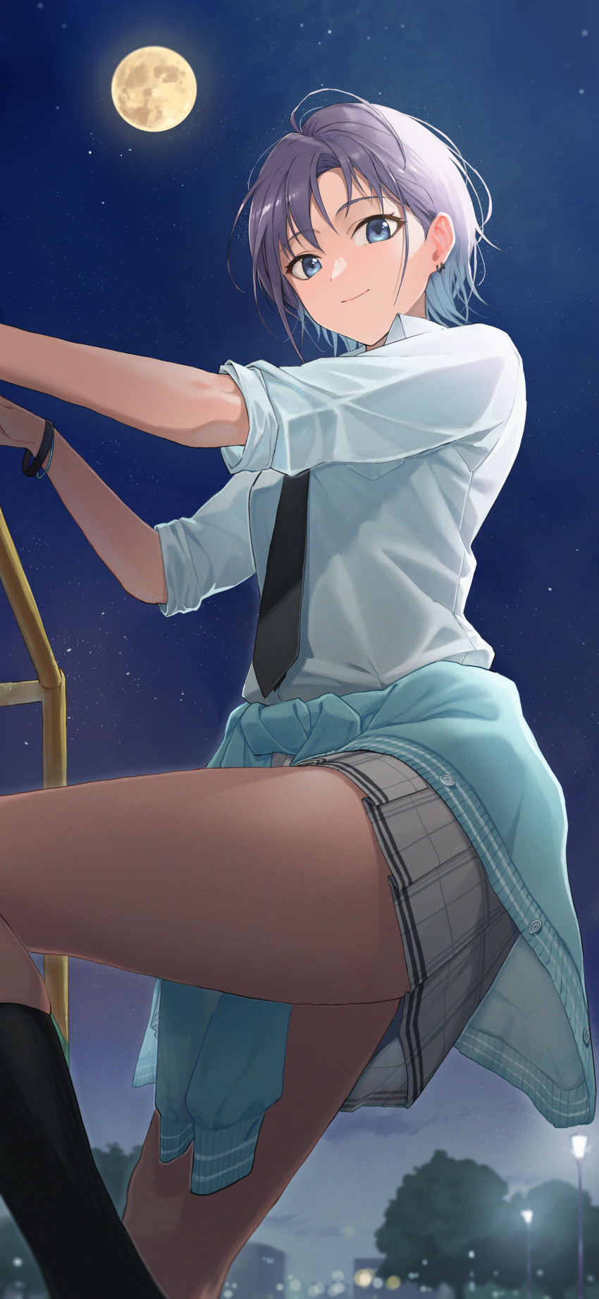 1girl absurdres asakura_tooru bangs black_legwear black_neckwear blue_cardigan blue_eyes blue_hair cardigan cardigan_around_waist climbing closed_mouth clothes_around_waist commentary_request earrings feet_out_of_frame full_moon gradient_hair grey_skirt highres huge_filesize idolmaster idolmaster_shiny_colors jewelry jungle_gym kneehighs looking_at_viewer miniskirt moon multicolored_hair necktie night night_sky outdoors park pleated_skirt purple_hair shirt short_hair short_sleeves skirt sky smile solo star_(sky) starry_sky thighs white_shirt wristband zelo6