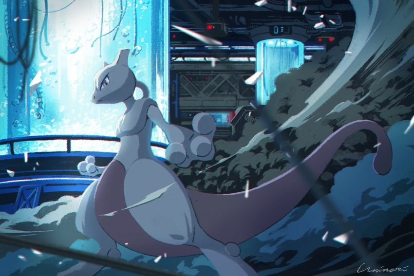 blurry closed_mouth commentary_request gen_1_pokemon highres indoors legendary_pokemon looking_to_the_side mewtwo pokemon_(creature) signature smoke solo standing uninori violet_eyes