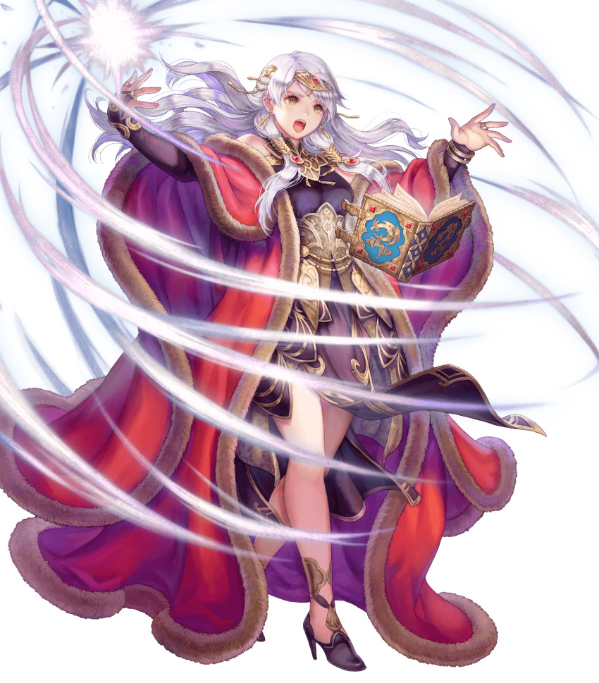 1girl bangs bare_shoulders book bracelet breasts bridal_gauntlets brown_eyes dress fire_emblem fire_emblem:_radiant_dawn fire_emblem_heroes floating floating_object full_body fur_trim haccan hair_ornament high_heels highres jewelry long_hair long_sleeves looking_away magic medium_breasts micaiah_(fire_emblem) official_art open_book open_mouth purple_dress shiny shiny_hair silver_hair solo tiara transparent_background
