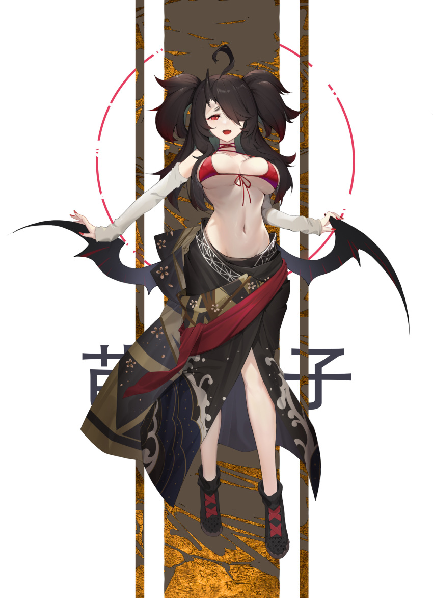:d absurdres ahoge bangs bikini black_footwear black_hair breasts chinese_commentary choker commentary_request copyright_request detached_sleeves fang front-tie_bikini front-tie_top full_body hair_over_one_eye halter_top halterneck highres horns large_breasts lcy_bingzi long_hair long_sleeves looking_at_viewer low_wings nail_polish navel open_mouth red_bikini red_choker red_eyes red_nails sarong shoes single_horn skin_fang smile standing stomach string_bikini swimsuit two_side_up wings