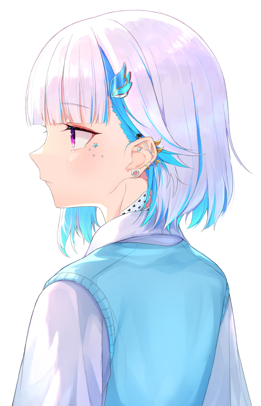 1girl absurdres bandaid bandaid_on_neck bangs blue_hair blue_vest blunt_bangs blush closed_mouth collared_shirt commentary_request ear_piercing eyebrows_visible_through_hair hair_ornament highres lize_helesta looking_away multicolored_hair multiple_piercings nenehotoso nijisanji piercing profile shirt short_hair silver_hair simple_background solo two-tone_hair upper_body vest violet_eyes virtual_youtuber white_background white_shirt