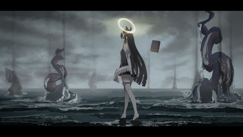 1girl animal_ears ao-chan_(ninomae_ina'nis) arms_behind_back bangs black_dress black_footwear black_gloves black_hair book clouds cloudy_sky dress feathered_wings floating floating_book floating_object ftjysopc gloves gradient_hair halo highres hololive hololive_english long_hair looking_at_viewer looking_back low_wings multicolored_hair ninomae_ina'nis ocean okobo purple_ribbon ribbon single_thighhigh sky solo tentacles thigh-highs thigh_ribbon very_long_hair virtual_youtuber white_legwear white_wings wings