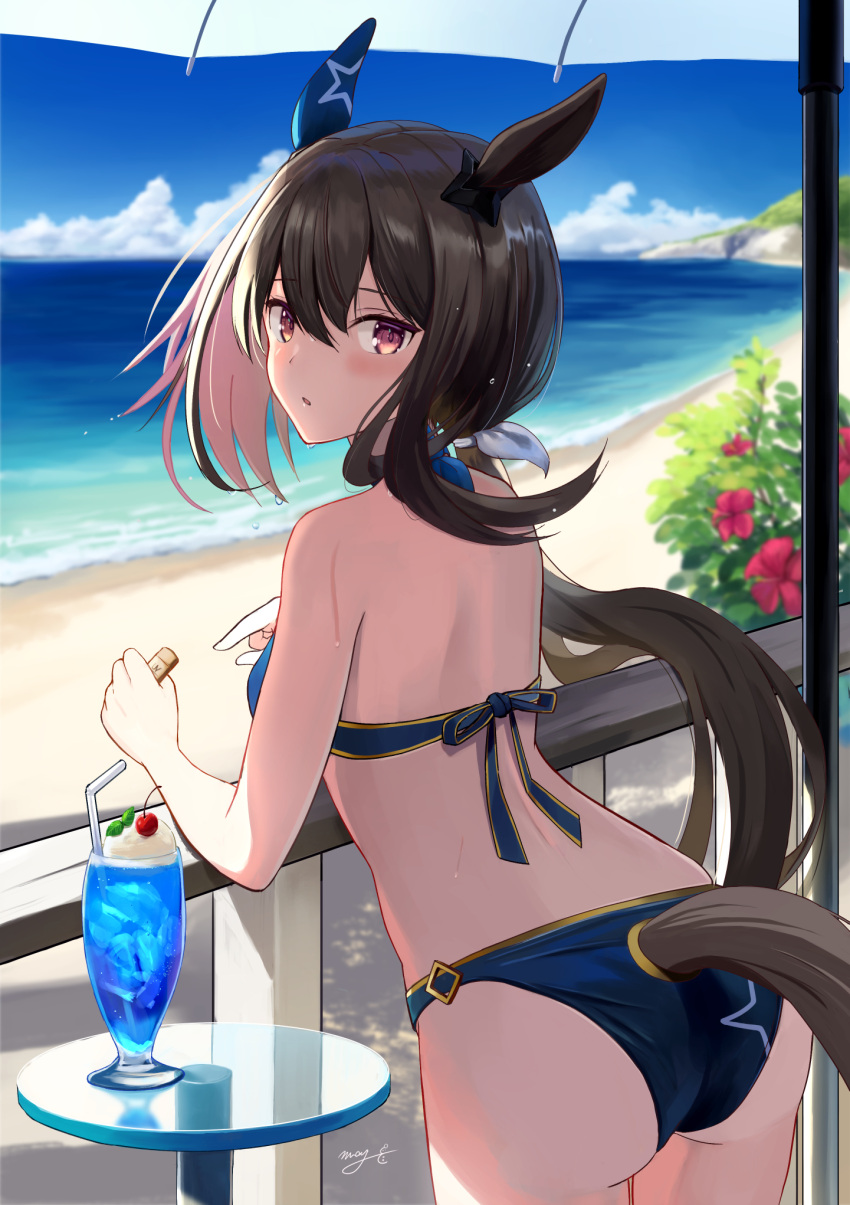 1girl admire_vega_(umamusume) against_railing animal_ears ass bare_arms bare_shoulders beach bikini blue_bikini blue_ribbon blue_sky blush cherry clothing_cutout day drink drinking_straw food from_behind fruit hair_ribbon highres holding horizon horse_ears horse_girl horse_tail leaning_forward long_hair looking_at_viewer looking_back low_ponytail m.a.y. ocean outdoors red_eyes ribbon sky solo star_(symbol) swimsuit table tail tail_cutout umamusume white_ribbon