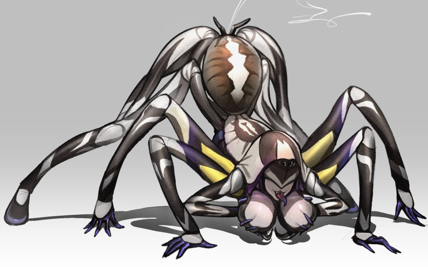 1girl arthropod_girl breast_hold breasts colored_tongue extra_arms highres jack-o'_challenge large_breasts long_tongue mask monster_girl open_mouth original purple_tongue shadow sharp_teeth silk solo spider_girl spider_web teeth theamazingspino tongue tongue_out top-down_bottom-up