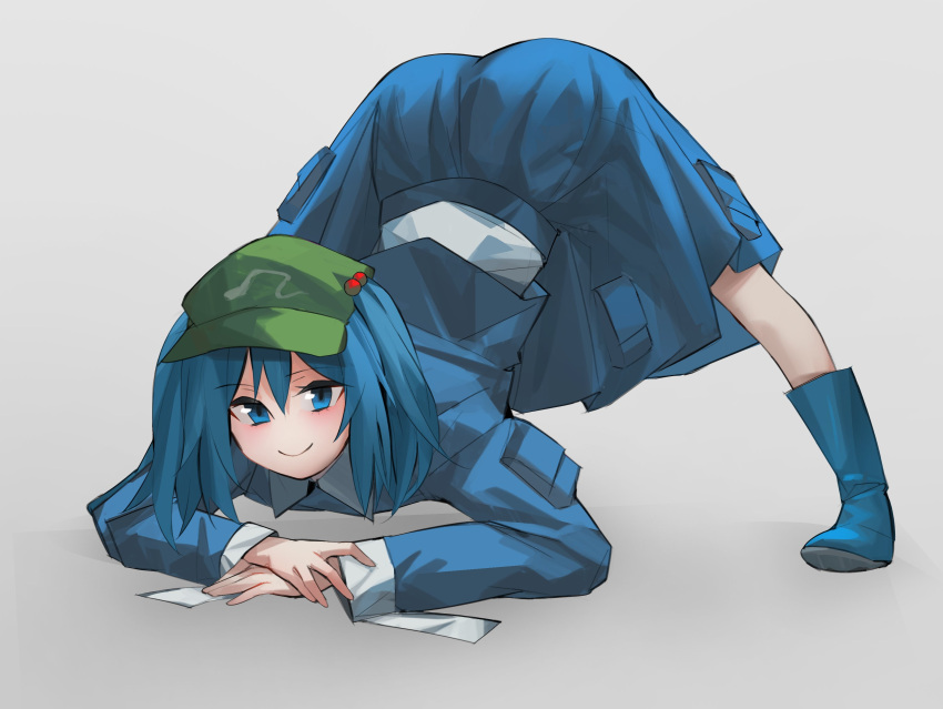 1girl aesur_a baseball_cap blue_eyes blue_hair blush boots full_body grey_background hair_bobbles hair_ornament hat highres jack-o'_challenge kawashiro_nitori long_hair long_sleeves looking_at_viewer rubber_boots simple_background smile solo spread_legs top-down_bottom-up touhou twintails