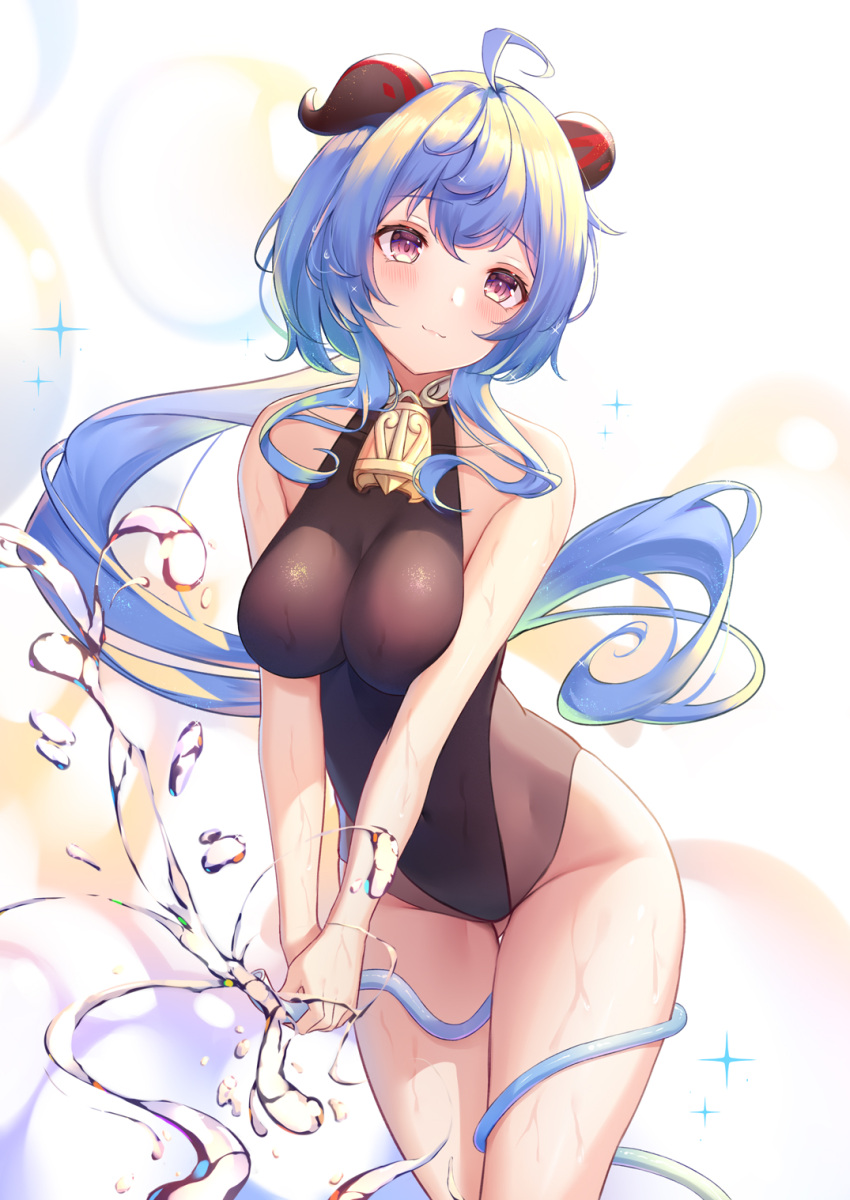 1girl :3 adapted_costume ahoge airool ass_visible_through_thighs bangs bare_shoulders bell black_swimsuit blue_hair blush breast_squeeze breasts casual_one-piece_swimsuit closed_mouth collarbone covered_navel cowboy_shot eyebrows_visible_through_hair ganyu_(genshin_impact) genshin_impact highres horns hose large_breasts leaning_forward looking_at_viewer one-piece_swimsuit simple_background smile solo sparkle splashing swimsuit thigh_gap thighs v_arms violet_eyes water white_background