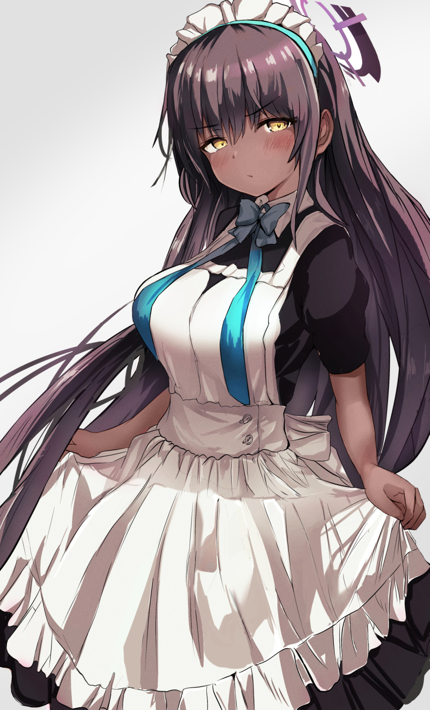 1girl apron bangs black_hair blue_archive blue_neckwear blush bow bowtie closed_mouth dark-skinned_female dark_skin eyebrows_visible_through_hair gradient gradient_background grey_background halo highres karin_(blue_archive) long_hair looking_at_viewer maid maid_apron maid_headdress otsusou short_sleeves solo yellow_eyes