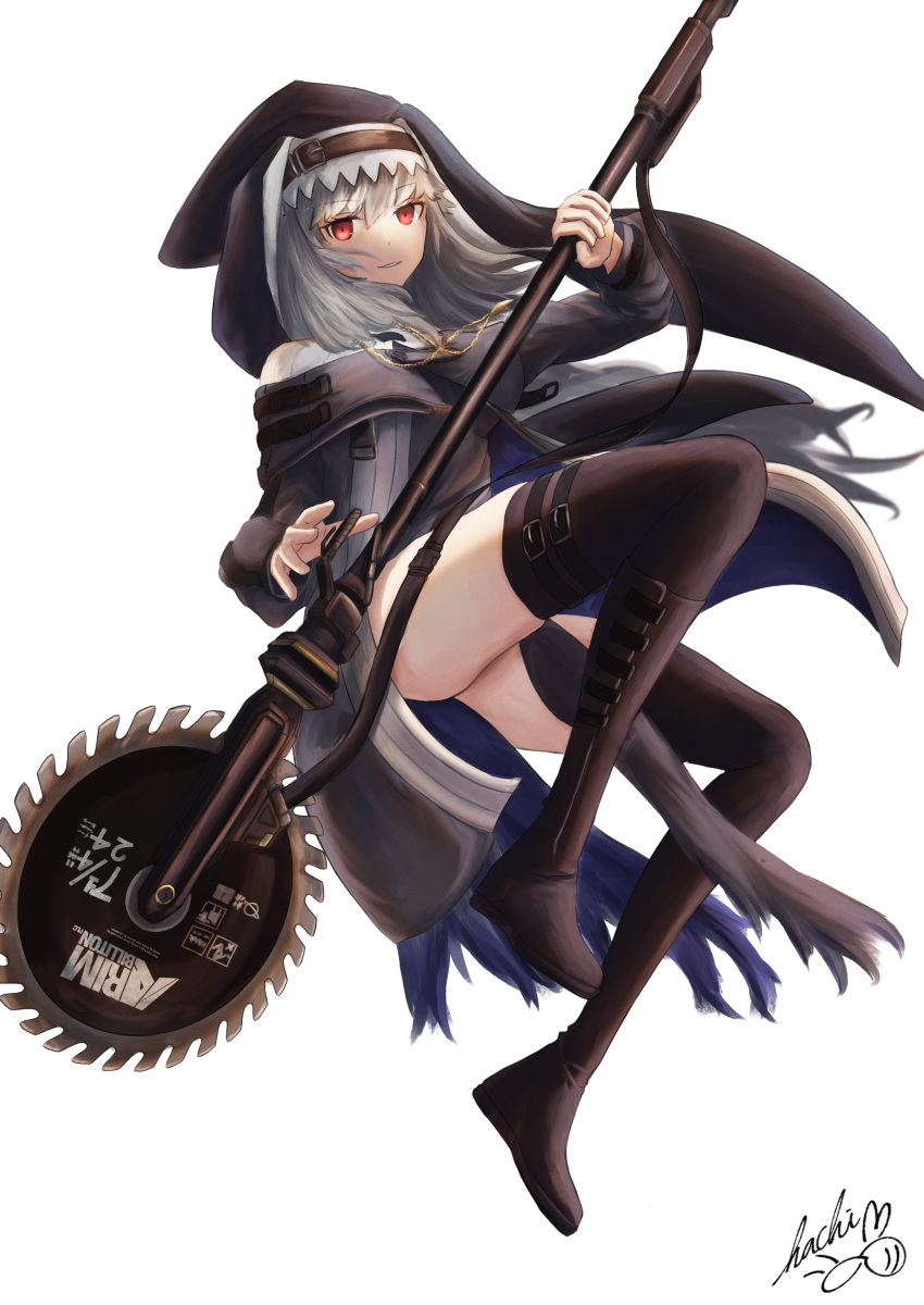 1girl absurdres arknights black_footwear black_legwear black_shirt boots circular_saw full_body grey_hair hat highres holding holding_weapon long_hair looking_at_viewer red_eyes shirt signature simple_background solo specter_(arknights) superbeek4 thigh-highs thighs weapon white_background