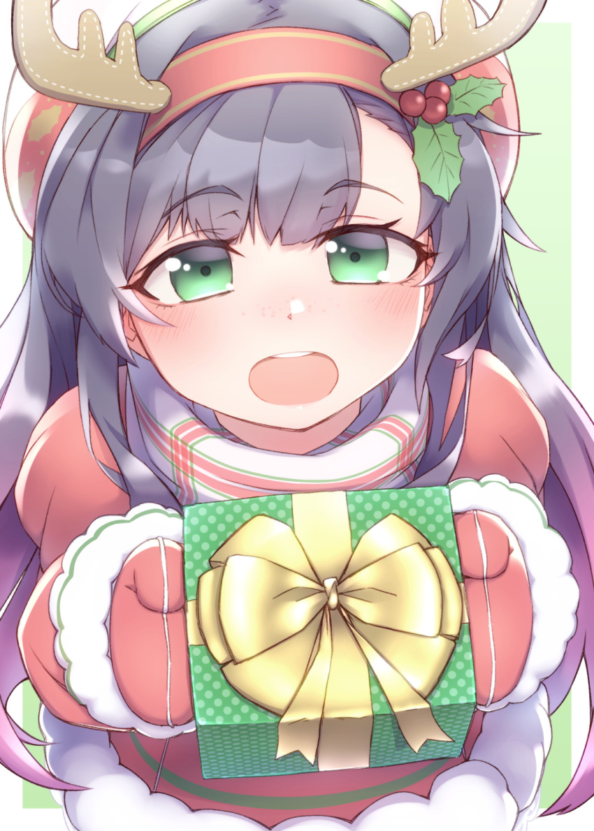 1girl bangs black_hair blush box dress eyebrows_visible_through_hair fake_antlers freckles fur_trim gift gift_box gradient_hair green_background green_eyes hair_between_eyes hair_ornament hairband hat highres holding holding_gift holly_hair_ornament kantai_collection long_hair long_sleeves matsuwa_(kancolle) mittens multicolored_hair namaata official_alternate_costume open_mouth purple_hair red_dress red_hairband red_mittens simple_background solo upper_teeth