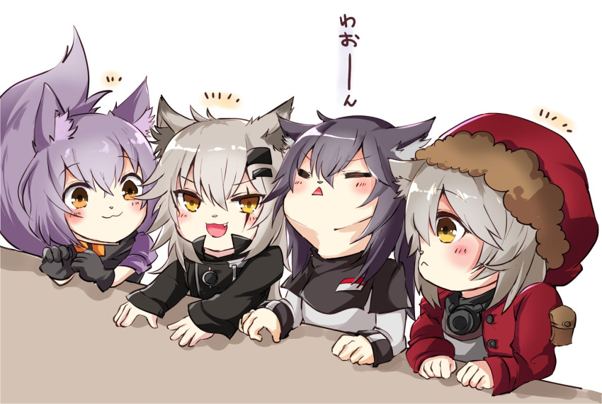 4girls :&lt; :3 animal_ear_fluff animal_ears arknights black_coat black_gloves black_hair blush closed_mouth coat commentary_request eyebrows_visible_through_hair fang fur-trimmed_hood fur_trim gloves grey_hair hair_between_eyes hair_ornament hairclip hood lappland_(arknights) long_sleeves mirui multiple_girls open_mouth projekt_red_(arknights) provence_(arknights) purple_hair red_coat red_hood scar scar_across_eye tail texas_(arknights) translation_request white_hair yellow_eyes