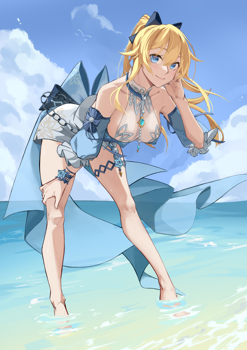 1girl absurdres back_bow bare_legs bare_shoulders bent_over black_bow blue_bow blue_eyes blue_sky blush bow breasts closed_mouth collarbone day detached_sleeves frilled_sleeves frills full_body genshin_impact grey_shorts hair_bow hand_in_hair hand_on_own_thigh highres horizon jean_(genshin_impact) jean_(sea_breeze_dandelion)_(genshin_impact) large_breasts long_hair looking_at_viewer ocean outdoors ponytail short_shorts short_sleeves shorts sideboob sky smile soaking_feet solo standing water wristband yonghu_20251